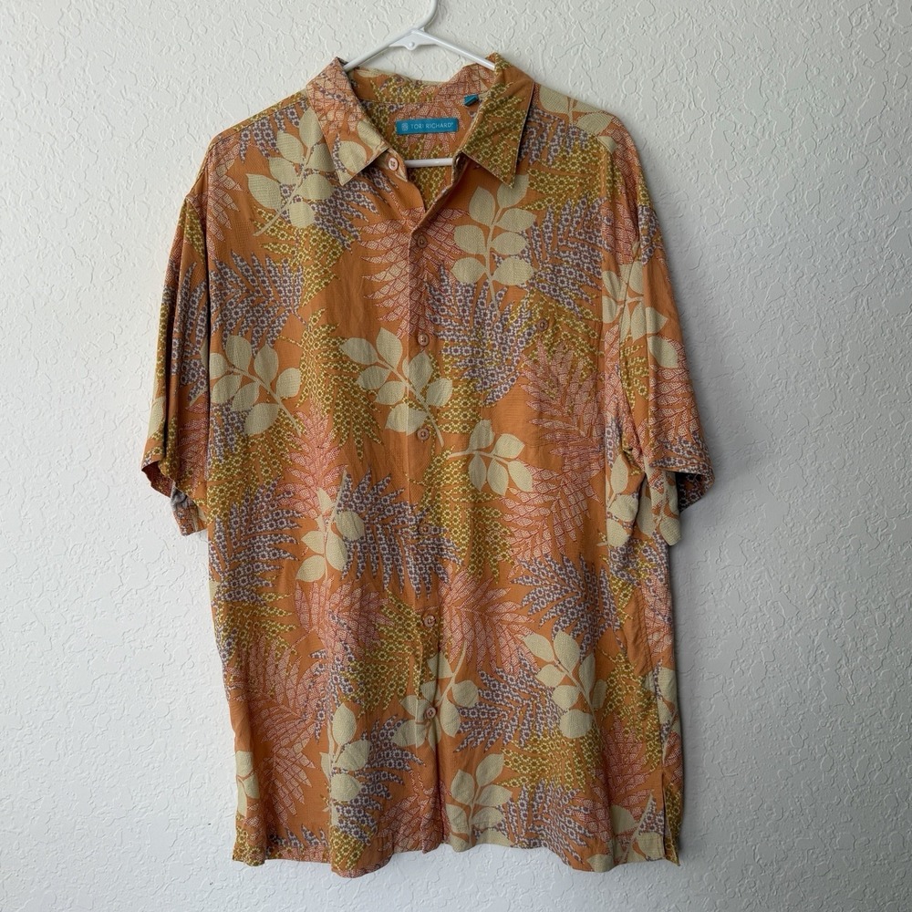 Tori Richard Men's Hawaiian Shirt Floral Peach Short Sleeves Silk Cotton